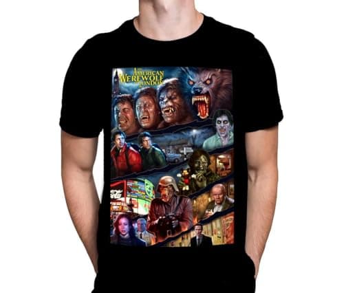 Image of Wild Star Hearts WSH - an American Werewolf Montage - Vintage Horror 80s Horror Film Fan Merchandise Men's Black T-Shirt by Peter Panayis