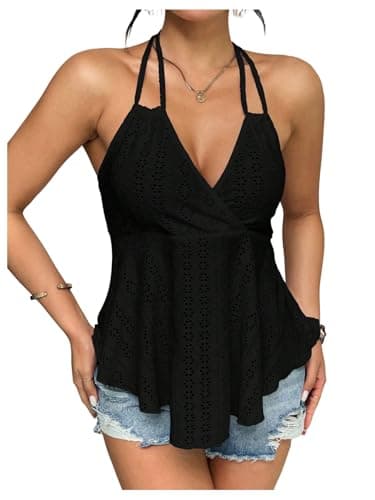 Image of GORGLITTER Women's Halter Neck Ruffle Peplum Tops Lace Wrap V Neck Backless Babydoll Top Boho Summer Going Out Outfits Black M