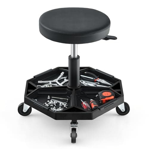 Image of COSTWAY Rolling Mechanic Stool, Height Adjustable Swivel Pneumatic Roller Creeper Seat with Wheels & Tool Tray, 150kg Capacity Garage Workshop Padded Chair (Black)