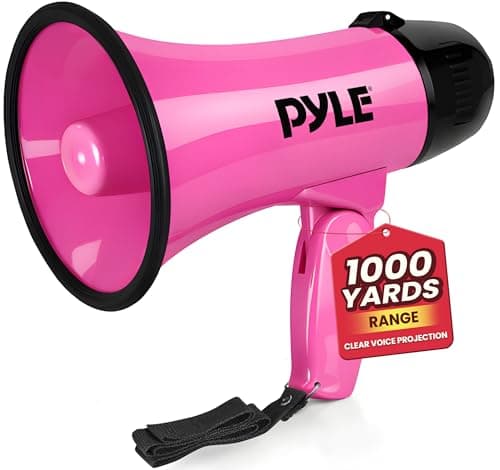Image of Pyle Portable Megaphone Speaker Siren Bullhorn, Compact, Battery Operated, 20 Watt Power, Microphone, 2 Modes, PA Sound, Sports, Cheerleading, Police, Kids, Pink, 5 Inch Display, 1 Count