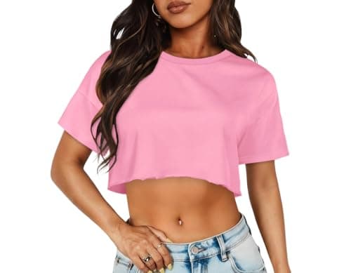 Image of florynova Crop Tops for Women Oversized Cropped Tshirt Summer Short Sleeve Basic Tee Shirts(Pink,XS)