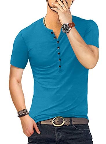 Image of KUYIGO Mens Short Sleeve T Shirt Cotton Henley Shirts Casual Fashion T Shirts S-XXL L Deep Teal
