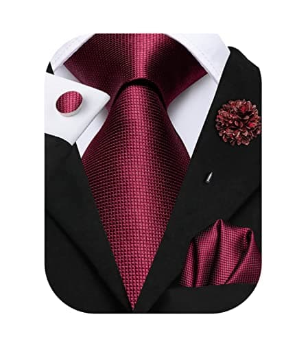 Image of Hi-Tie Silk Men's Tie and Pocket Square Cufflinks Lapel Pin Set Jacquard Wedding Business Necktie for Formal,Burgundy B