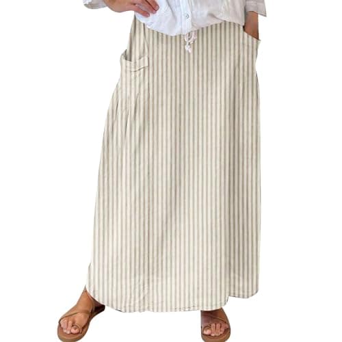 Image of Todays Offers Special Deals Elasticated Skirts for Women UK Women's Floral Art Linen Elastic Waistband Pocket Skirt Elasticated Waist Skirts for Women Party UK Scottish Fancy Dress Beige