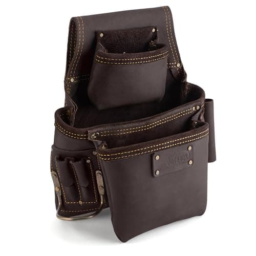 Image of OX Tools Pro Oil Tanned Leather Left-Handed Fastener Tool Pouch with Hammer Loop - Double Stitched Tool Pouch with Large Belt Tunnel for 2 to 3 Inch Leather Tool Belts - OX-P263503LH
