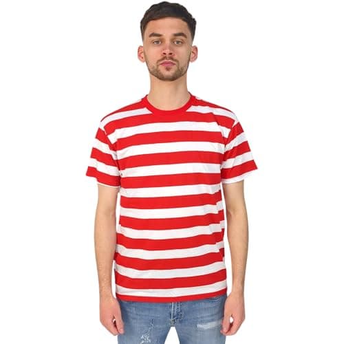 Image of Stars and Stripes Mens Short Sleeve Cotton Crewneck Striped T-Shirt Casual Horizontal Striped Shirts(Red/White, L)