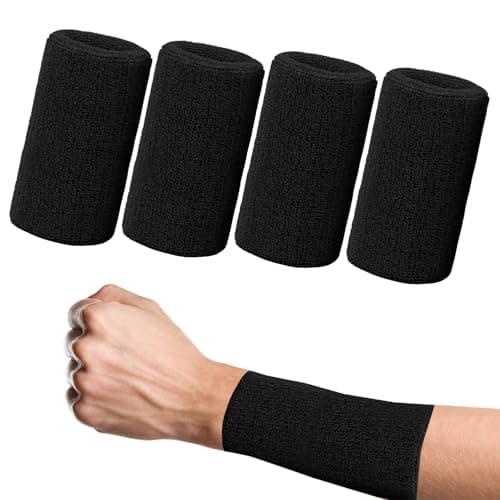 Image of SMCEHEYA 4 Pack Sweat Bands for Wristbands 6Inch 15x8cm Wrist Bands Extended, Wristbands Sweatbands Absorbent For Gym Sports Tennis Running, Wrist Sweat Bands Men Black, Sweatbands for Women Cotton