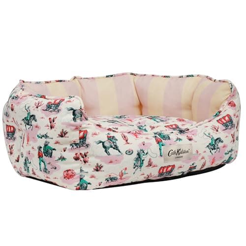 Image of Cath Kidston Dog Bed for Medium Large Breeds – Washable Canvas Oxford Fabric, Removable Reversible Cushion, Hard-Wearing Pet Bed, Cowgirl Print | Pink & Cream, 78 x 60 x 22 cm