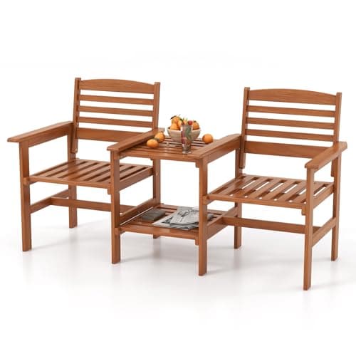 Image of SFAREST Wooden Garden Loveseat, Solid Wood Bench Seat with 2 Tier Coffee Table & Built-in Umbrella Hole, Outdoor Patio Chairs Conversation Furniture Set for Backyard Porch (Natural, 160 x 62 x 88 cm)