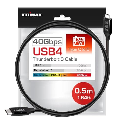 Image of Edimax USB4 Thunderbolt 3 USB-C Cable, 1.6 Ft / 0.5 Meter, up to 40Gbps and 240W USB-PD, Ultra Durable, SSD Drives, Thunderbolt Docks, MacBook Pro, Ryzen laptops, UC4-005TB