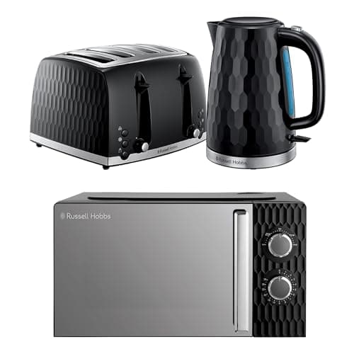 Image of Russell Hobbs Honeycomb Black Kitchen Set, 1.7L 2400W Kettle, 4 Slice Toaster with Dual Browning Levels & 17L 700W Microwave with 5 Power Levels, Defrost & Reheat Functions HCBNDL4B