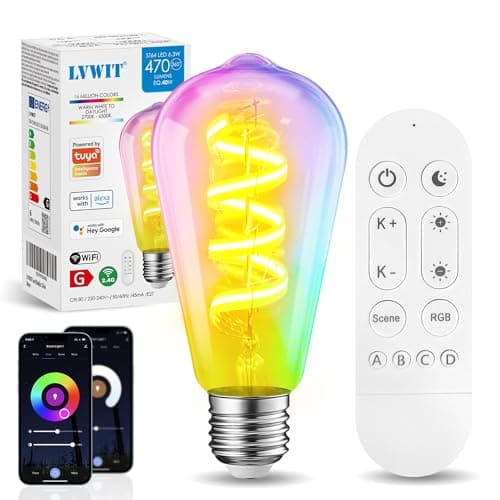 Image of LVWIT E27 Smart Filament Bulb,Alexa Dimmable LED Color Changing Light Bulb,ST64 E27 WiFi RGB Smart Bulb,Compatible with Alexa,Echo and Google Assistant Including Remote Control (6.3W,470LM)