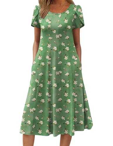 Image of Zeagoo Dresses for Women UK Elegant Crew Neck Summer Dress Ladies Short Sleeve Midi Dress with Pockets Green Print L