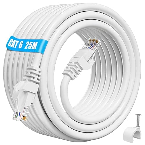 Image of ikbc Ethernet Cable 25m, Cat 6 Ethernet 25m High Speed Internet Cable, Gigabit RJ45 Network Cable 23AWG, UTP LAN Cable 25 meter Outdoor Indoor White for Router PS4/5 (25 Clips)