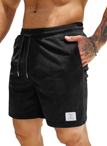 Image of Elegancity Mens Corduroy Shorts Casual Summer Beach Shorts Regular Fit Drawstring Elastic Waist Short Pants with Pockets (Black, M)
