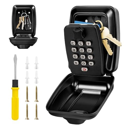 Image of Key Safe Wall Mounted Police Approved,Key Lock Box Outdoor,Large Key Lock Box with Resettable 12-Digit Code Key Safe Box with Weatherproof Cover for Outside Home Garage Office & School
