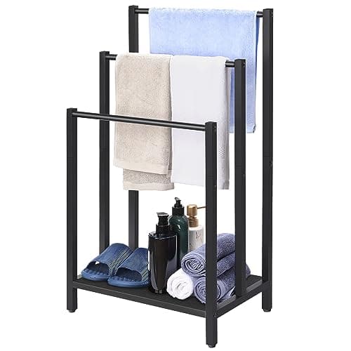 Image of 3 Tier Freestanding Towel Rack, Towel Rail Metal Ladder Towel Holder Drying Stand with 3 Towel Rails and Storage Shelf, Bathroom Accessories Organizer for Bath Storage & Hand Towels, Washcloths, Black