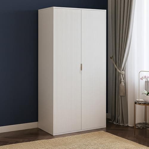 Image of Home Treats Bedroom Furniture Set White Wooden 2 Door Wardrobe with 1 Shelf & Hanging Rail Gold Accents 3 Piece Set Ridged Design (Wardrobe)