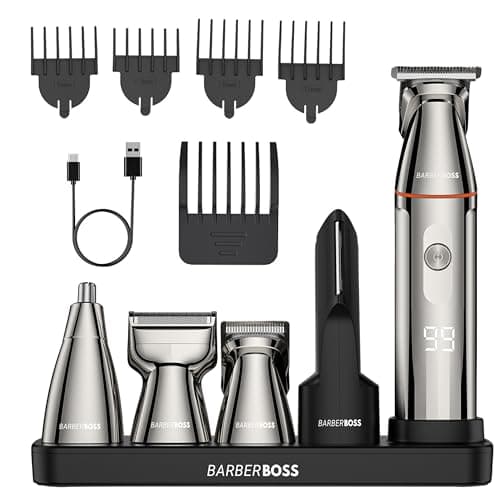 Image of BarberBoss 5-in-1 Beard Trimmer Men, Grooming Kit for Men, Cordless Hair Clippers, Nose & Body Shaver with LED Display & USB-C Charging, Body Groomer