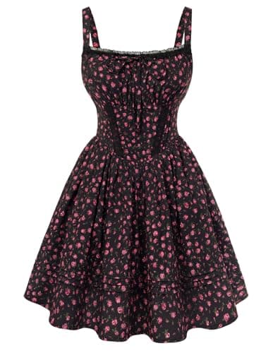 Image of SCARLET DARKNESS Women Summer Dresses Floral Mini Corset Dress Beach Party Sleeveless Spaghetti Strap A-Line Sundress Black Floral L