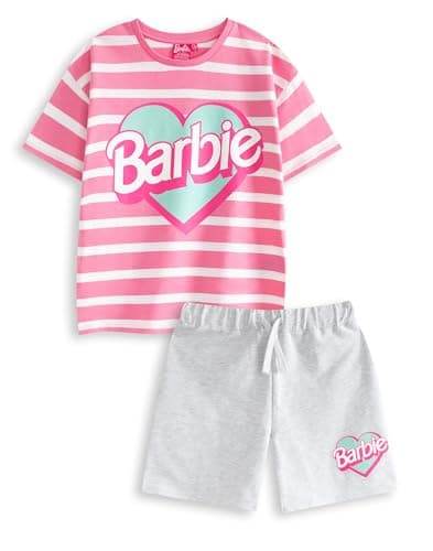 Image of Barbie Girls Pink Striped T-Shirt and Shorts Set | Classic Graphic Tee | Short Sleeve Top with Elasticated Waistband | Kids Cartoon Apparel Merch - 3-4 Years