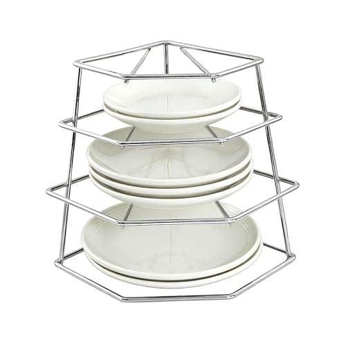 Image of CookSpace 4 Tier Corner Plate Rack Kitchen Cupboard Storage Organiser Premium Quality Dish Rack Space Saver Work Top Shelf Organiser 23 Cm Non - Slip Finish Holds a 16 piece Dinner Set ! (Chrome)