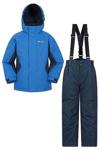 Image of Mountain Warehouse Kids Ski Jacket & Trousers Set - Snowproof Ski Outfit, Front Pockets, Fleece Lined Skiwear, Integrated Snowskirt - Best for Winter Snowboarding Blue (01) Kids Size 3-4 Years