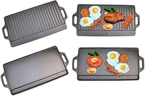 Image of Pre Seasoned Cast Iron Non-Stick Reversible Griddle Plate Pan Double Sided with Integrated Handles and Oil Drip Tray - Suitable for BBQ, Induction, Gas and Electric Hobs - 50 x 23 cm