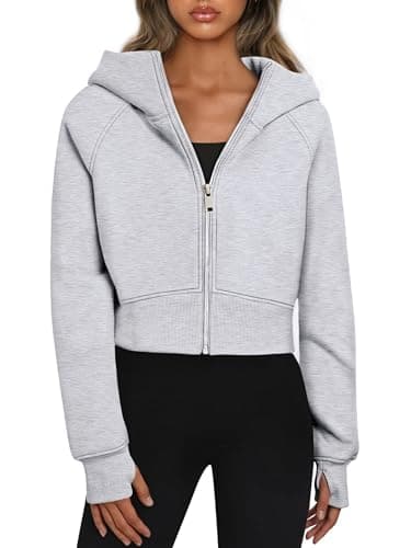 Image of Oyamiki Ladies Hoodies Fall Fleece Lined Soft Zip Up Hoodie Lightweight Y2k Style Cropped Jacket with Thumbholes Grey M