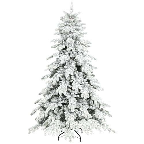 Image of HOMCOM 6ft Artificial Christmas Tree, Snow Flocked Christmas Tree with Realistic Dense Branches, Hinged Design, Metal Stand, Wide Shape, Easy Assembly, Xmas Home Decoration, Green White