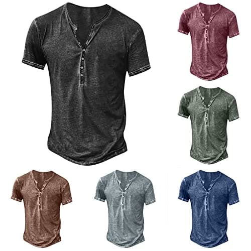 Image of Men Distressed Henley Shirts UK Clearance Man Button Up V-Neck T-Shirts Short Sleeve Tops Comfy Cotton Tees Summer Casual Pullover Regular-Fit Blouse Plain Retro T Shirt Lightweight Tshirts Wine