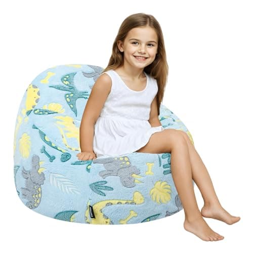 Image of MeMoreCool Kids Bean Bag Chair, Toddler Beanbag Sofa with Filling, Baby Bean Chair for Girls Boys Reading, Bedroom Furniture for Children, 70 x 70 x 52cm, Blue Dino