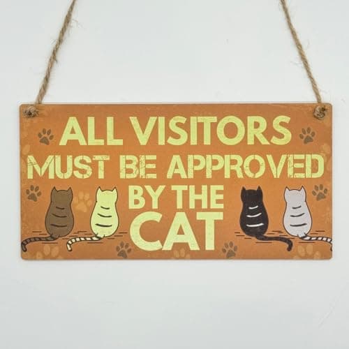 Image of Second Ave Funny Joke Visitors Approved By The Cat Wooden Hanging Rectangle Home Garden Sign Plaque