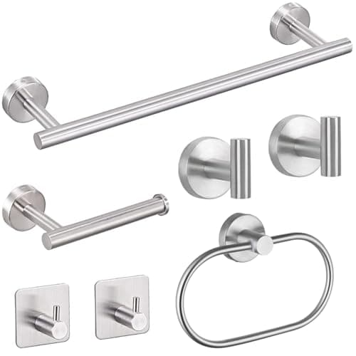 Image of 7-Piece Bathroom Accessories Set, Silver Towel Rail Bathroom Hardware Set, SUS304 Stainless Steel Bathroom Accessory Includes Silver Towel Rail, Toilet Roll Holder, Towel Ring, and Wall Hooks