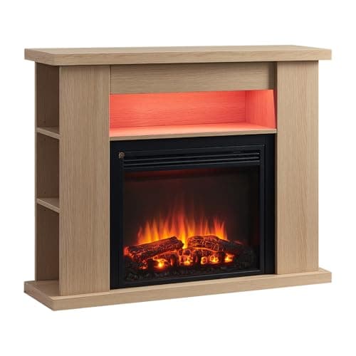 Image of FLAMME 43" Lipson Electric Fireplace Suite Natural Oak Colour with Storage Shelves Includes 2000w Heater with Glass Fronted Flame Effect, Remote Control