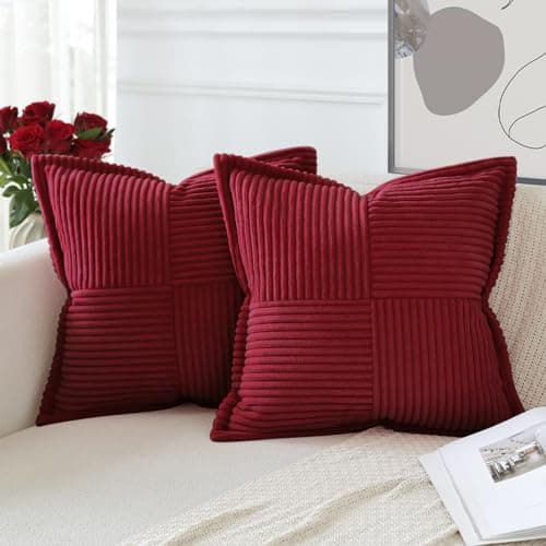 Image of Artscope Corduroy Cushion Covers Pack of 2 Modern Patchwork Throw Pillow Covers Soft Pillowcase Broadside Decorative Textured Cushions for Home decor Sofa Bedroom Couch Wine Red 45x45cm
