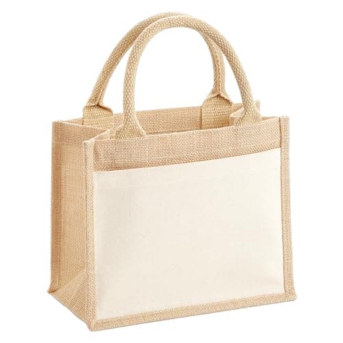Image of Westford Mill W425 Cotton Pocket Jute Gift Bag - Natural/Brown - Reusable, Eco-Friendly Present Tote
