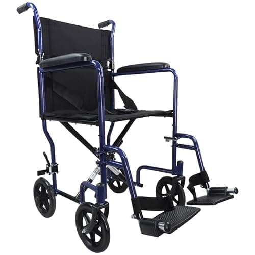 Image of Steel Compact Transit Chair – Lightweight 12kg Travel Wheelchair with Foldable Backrest and Padded Armrests, Adjustable Swing-Away Footrests (Blue)
