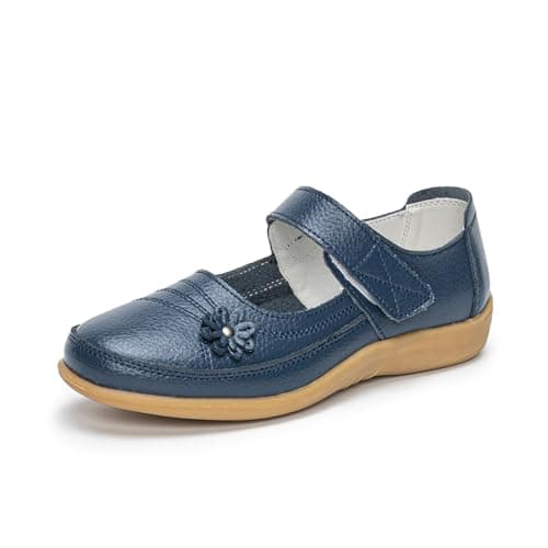 Image of Rusffes Womens Leather Mary Jane Shoes Ladies Wide Fit Flat Shoes Casual Work Office Nurse Shoes Navy 4uk