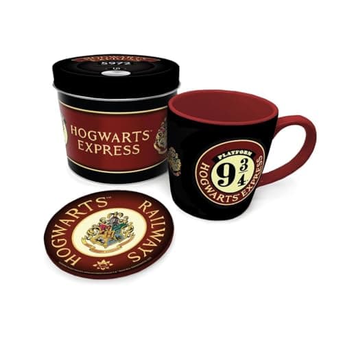 Image of Harry Potter Colourful Crest Platform 9 ¾ Mug and Coaster Gift Set, Official Licensed Wizarding World Drinkware, Coffee Cup and Coaster in Keepsake Tin, Hogwarts Fan Gift