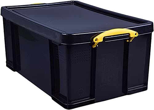 Image of Really Useful Box Plastic Storage 48 Litre Solid Black with Yellow Handles