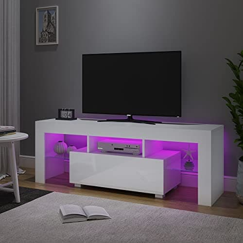 Image of Panana 51inch TV Unit Stand Storage Glass Shelves Big Drawer Sideboard 16 Colors RGB LED Lighted TV Cabinet for 32 40 43 50 55 inch TV (White, With LED)