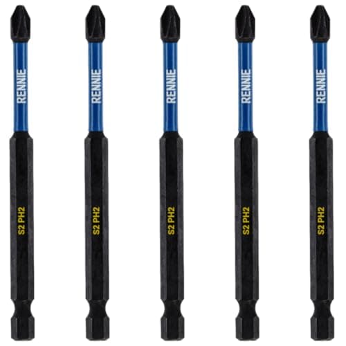 Image of 5 x Rennie Tools 100mm Long PH2 Impact Screwdriver Driver Bits Set. Magnetic Phillips No.2 Heavy Duty Impact Driver Bit Set. Extra Long PH2 Bits. Hex Shank. Cross Head. Black Oxide Coating