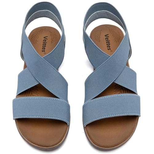 Image of Veittes Women's Flat Slide Sandals - Fashionable Elastic Ankle Strap, Comfort Soft Sole Summer Casual Sandals.(LB/MF,Size 7.5)