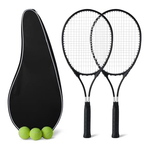 Image of Amazon Basics Tennis Racket Set, 2 Adult 68.5cm Racquets with 3 Balls and 2 Overgrips, Lightweight, Black