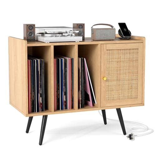 Image of COSTWAY Record Player Stand with Charging Station, Turntable Stand End Side Table with Rattan Door & Shelves for 220 Albums, Metal Legs Vinyl Record Storage Cabinet Holder for Living Room Bedroom