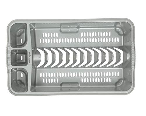 Image of Compact Plastic Dish Drainer & Cutlery Rack (47x27.5x9cm) – Space Saving Draining Board for Plates, Cups, Utensils – Ideal Kitchen Sink Drying Rack (Silver)