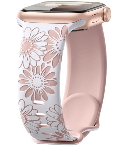 Image of Maledan Floral Engraved Strap Compatible with Apple Watch Straps 41mm 40mm 38mm 42mm for Women, Two-Tone Flower Soft Silicone Sport Band for iWatch Strap SE Series 11 10 9 8 7 6 5 4 3 2 1, White/Pink