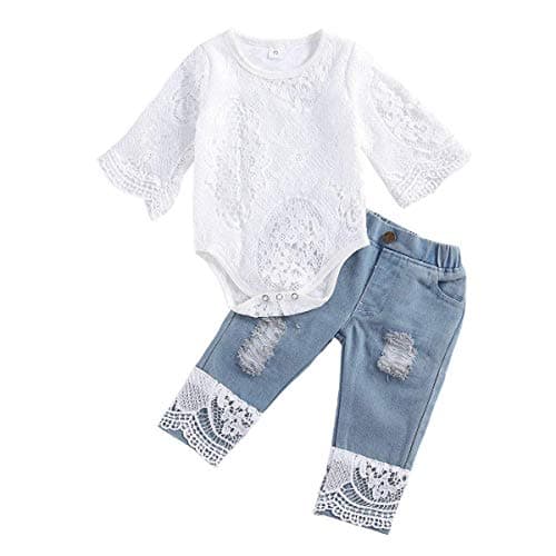 Image of Xumplo Baby Girl Clothes Outfits Long Sleeve Lace Bodysuit Top +Jeans Pants Infant Toddler Clothing Set (12-18 Months, White2)
