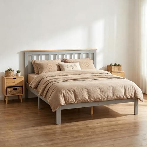 Image of Panana Double Bed, 4ft6, Bed Frame, Solid Pine Wood, Headboard, Low Foot End, Bedroom Furniture (Grey+Natural)